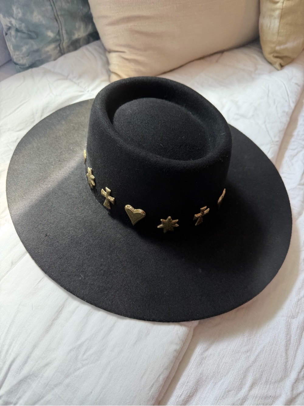Lack Of Color Celestial Boater Black Wide-Brim Wool Hat with Gold Icon Studs